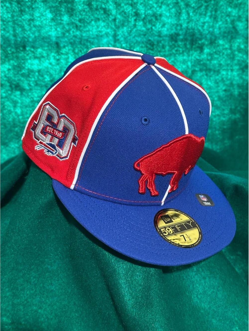 Buffalo Bills Logo White Piping Pinwheel + Side Patch Hat New Era 59FIFTY 7 1/2